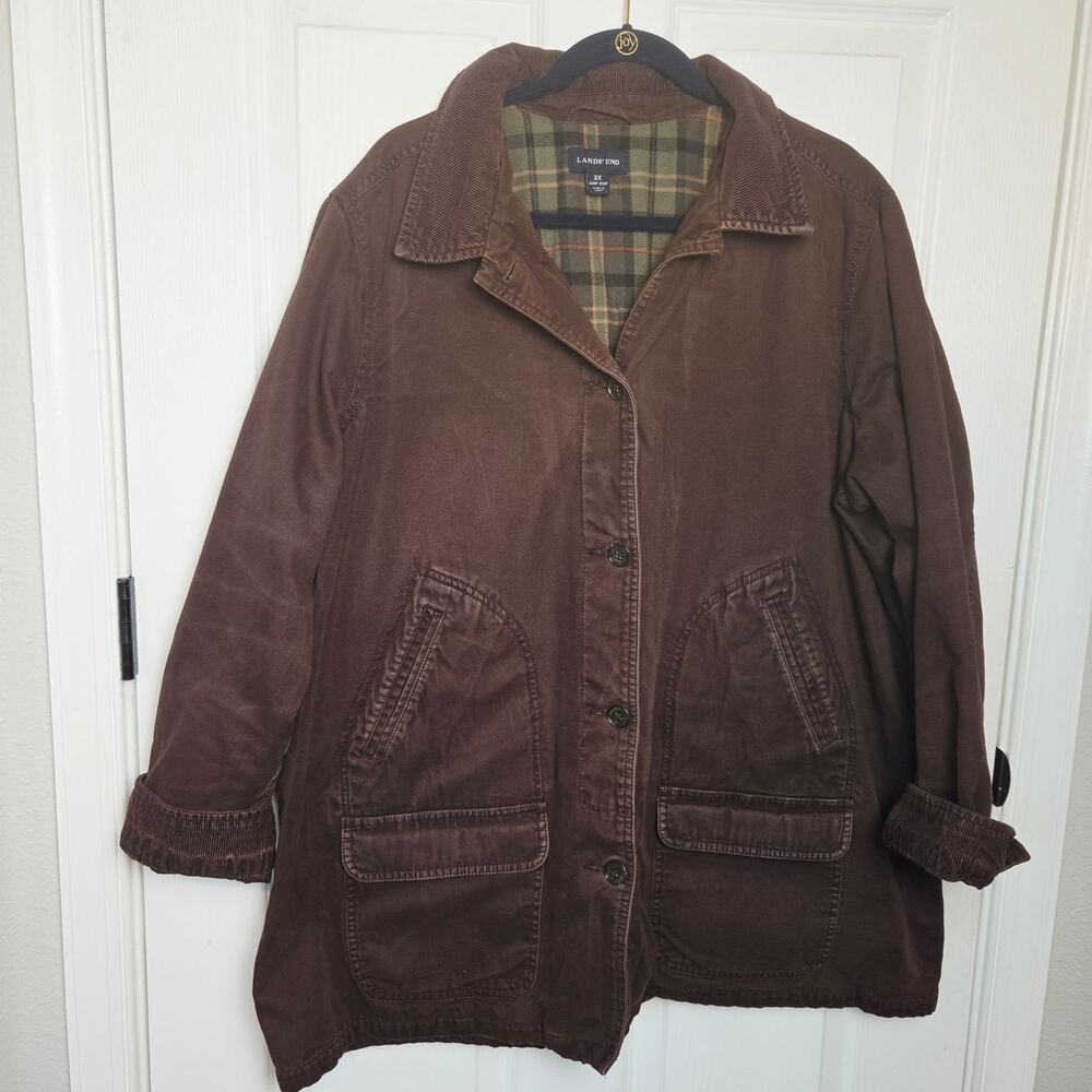 Lands' End Jacket Womens 3X Brown Canvas Plaid Flannel Lined Chore Barn Coat